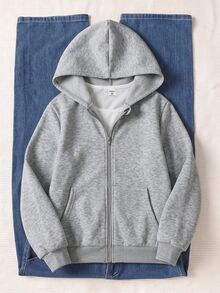 SHEIN Tween Girl Autumn/Winter Daily Tween Girl Long Sleeve Hooded Jacket With Pockets - Grey - View 3