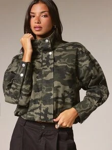 Athîral Denim 女款迷彩休閒百搭寬鬆立領長袖酷感牛仔夾克，牛仔女孩穿搭，秋冬街頭酷感造型 - 軍綠色 - 查看 3