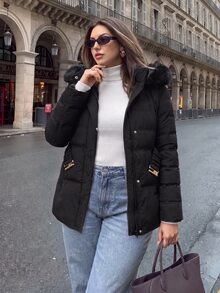 Firerie Jaket Katun Musim Dingin Kasual Serbaguna Wanita Ukuran Plus Warna Polos Berbahan Fleece dengan Tudung, Cocok untuk Aktivitas Sehari-hari, Pergi Bekerja, dan Musim Gugur/Musim Dingin. - Hitam - View 5