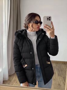 Firerie Jaket Katun Musim Dingin Kasual Serbaguna Wanita Ukuran Plus Warna Polos Berbahan Fleece dengan Tudung, Cocok untuk Aktivitas Sehari-hari, Pergi Bekerja, dan Musim Gugur/Musim Dingin. - Hitam - View 7