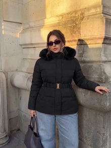 Firerie Jaket Katun Musim Dingin Kasual Serbaguna Wanita Ukuran Plus Warna Polos Berbahan Fleece dengan Tudung, Cocok untuk Aktivitas Sehari-hari, Pergi Bekerja, dan Musim Gugur/Musim Dingin. - Hitam - View 8