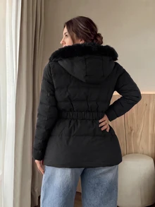 Firerie Jaket Katun Musim Dingin Kasual Serbaguna Wanita Ukuran Plus Warna Polos Berbahan Fleece dengan Tudung, Cocok untuk Aktivitas Sehari-hari, Pergi Bekerja, dan Musim Gugur/Musim Dingin. - Hitam - View 3