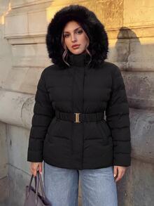 Firerie Jaket Katun Musim Dingin Kasual Serbaguna Wanita Ukuran Plus Warna Polos Berbahan Fleece dengan Tudung, Cocok untuk Aktivitas Sehari-hari, Pergi Bekerja, dan Musim Gugur/Musim Dingin. - Hitam - View 4