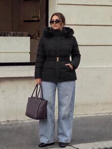 Firerie Jaket Katun Musim Dingin Kasual Serbaguna Wanita Ukuran Plus Warna Polos Berbahan Fleece dengan Tudung, Cocok untuk Aktivitas Sehari-hari, Pergi Bekerja, dan Musim Gugur/Musim Dingin. - Hitam - View 6