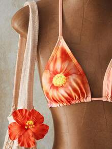 SHEIN ICON Women's Beach Apricot Floral Print Halter Bikini Set With Halter Tie Detail - Multicolor - View 5