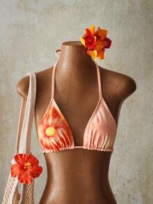 SHEIN ICON Women's Beach Apricot Floral Print Halter Bikini Set With Halter Tie Detail - Multicolor - View 4