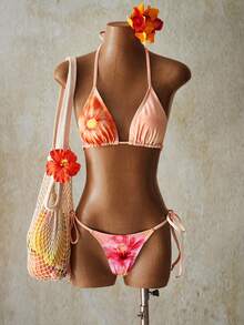 SHEIN ICON Women's Beach Apricot Floral Print Halter Bikini Set With Halter Tie Detail - Multicolor - View 10