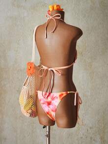SHEIN ICON Women's Beach Apricot Floral Print Halter Bikini Set With Halter Tie Detail - Multicolor - View 2