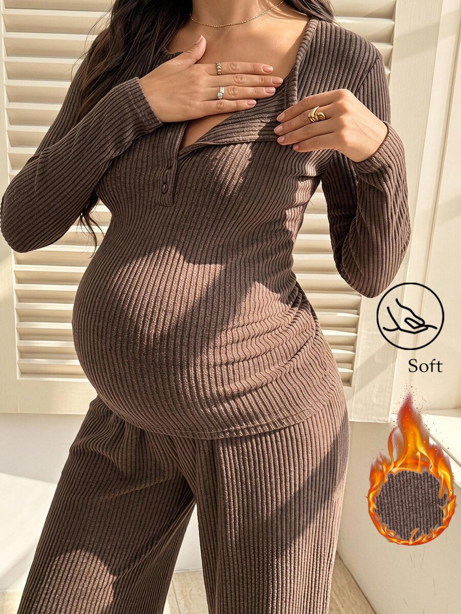 SHEIN Maternity Button Half-Placket Long Sleeve Top And Drawstring Waist Long Pants Nursing 2 Pieces Set Fall Fall/Winter Casual - Brown - View 1