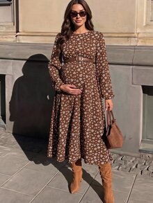 SHEIN 孕婦小碎花圓領長袖優雅連身裙 秋冬休閒款 - 咖啡 - 查看 2