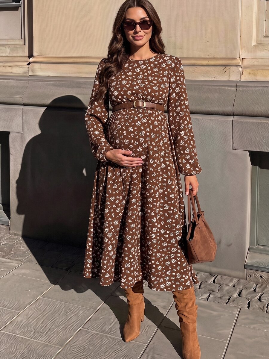 SHEIN Maternity Ditsy Floral Round Neck Long Sleeve Elegant Dress Fall Fall/Winter Casual - Coffee - View 1