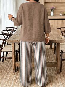 Weeklong Casual Solid Color Shirt And Maroon Beige Pants 2 Pieces Set, Plus Size Vacation Fall Winter 2026 - Multicolor - View 2
