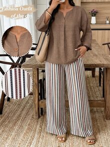 Weeklong Casual Solid Color Shirt And Maroon Beige Pants 2 Pieces Set, Plus Size Vacation Fall Winter 2026 - Multicolor - View 1