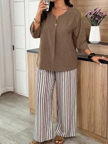 Weeklong Casual Solid Color Shirt And Maroon Beige Pants 2 Pieces Set, Plus Size Vacation Fall Winter 2026 - Multicolor - View 5
