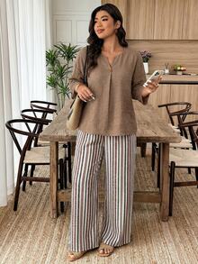 Weeklong Casual Solid Color Shirt And Maroon Beige Pants 2 Pieces Set, Plus Size Vacation Fall Winter 2026 - Multicolor - View 4