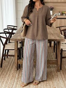 Weeklong Casual Solid Color Shirt And Maroon Beige Pants 2 Pieces Set, Plus Size Vacation Fall Winter 2026 - Multicolor - View 3
