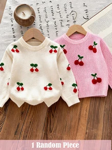 SHEIN Infant Newborn Baby Round Neck Sweater, Cherry Pattern, Suitable For Outings, Parties, Vacations And Other Occasions, Comfortable And Soft, Cute And Playful, Can Be Paired With Skirts, Tulle Skirts, Fashionable Infant, 1 Random Piece - Apricot - View 1