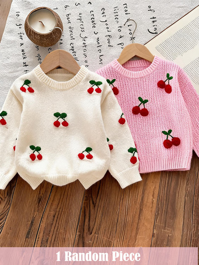 SHEIN סוודר צווארון עגול לתינוקת רך, דפוס דובדבנים, מתאים ליציאות, מפגשים, חופשות ואירועים אחרים, נוח ורך, חמוד ושובבי, ניתן לשלב עם חצאיות, חצאיות טול, תינוקת אופנתית