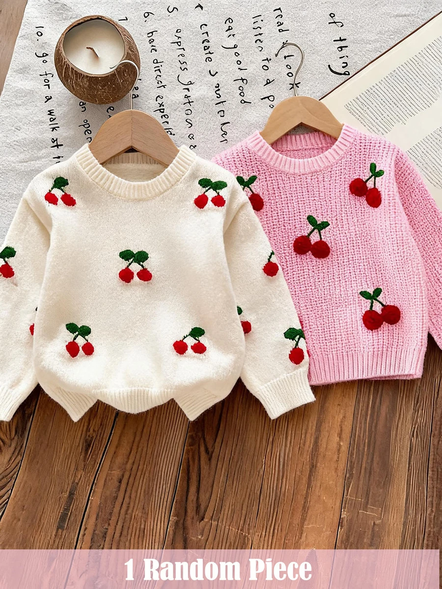 SHEIN Infant Newborn Baby Round Neck Sweater, Cherry Pattern, Suitable For Outings, Parties, Vacations And Other Occasions, Comfortable And Soft, Cute And Playful, Can Be Paired With Skirts, Tulle Skirts, Fashionable Infant, 1 Random Piece - Apricot - View 1