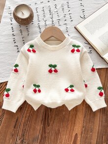 SHEIN Infant Newborn Baby Round Neck Sweater, Cherry Pattern, Suitable For Outings, Parties, Vacations And Other Occasions, Comfortable And Soft, Cute And Playful, Can Be Paired With Skirts, Tulle Skirts, Fashionable Infant, 1 Random Piece - Apricot - View 5