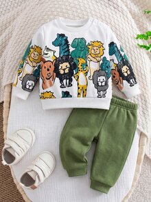 SHEIN Newborn Baby Girl Cute Cartoon Animal Print Long Sleeve Sweatshirt And Pants Set - Green - View 4