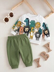 SHEIN Newborn Baby Girl Cute Cartoon Animal Print Long Sleeve Sweatshirt And Pants Set - Green - View 5