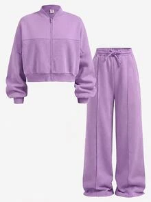 SHEIN 青少年女孩秋季 2 件套兒童套裝 長袖拉鍊連帽衫 + 寬腿運動長褲 休閒運動穿搭，舒適校園與校外穿著 紫色 - 紫色 - 查看 3