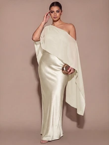 SHEIN BAE CURVE 大尺碼女款優雅長版不對稱單肩洋裝 - 杏色 - 查看 7