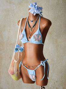 SHEIN ICON Women's Shell Decor Halter Tie Sexy Bikini Two Pieces Swimwear Set 4th Of July Women Outfits - Blue - View 5
