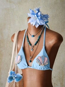 SHEIN ICON Women's Shell Decor Halter Tie Sexy Bikini Two Pieces Swimwear Set 4th Of July Women Outfits - Blue - View 6