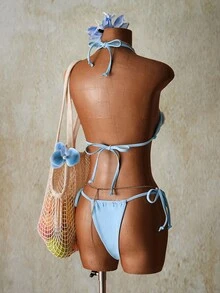 SHEIN ICON Women's Shell Decor Halter Tie Sexy Bikini Two Pieces Swimwear Set 4th Of July Women Outfits - Blue - View 2