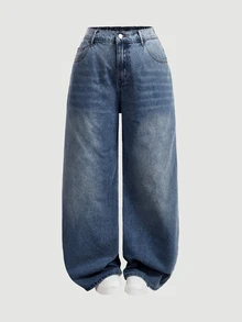SHEIN MOD Plus Size Casual Washed Wide Leg Jeans - Dark Wash - View 1