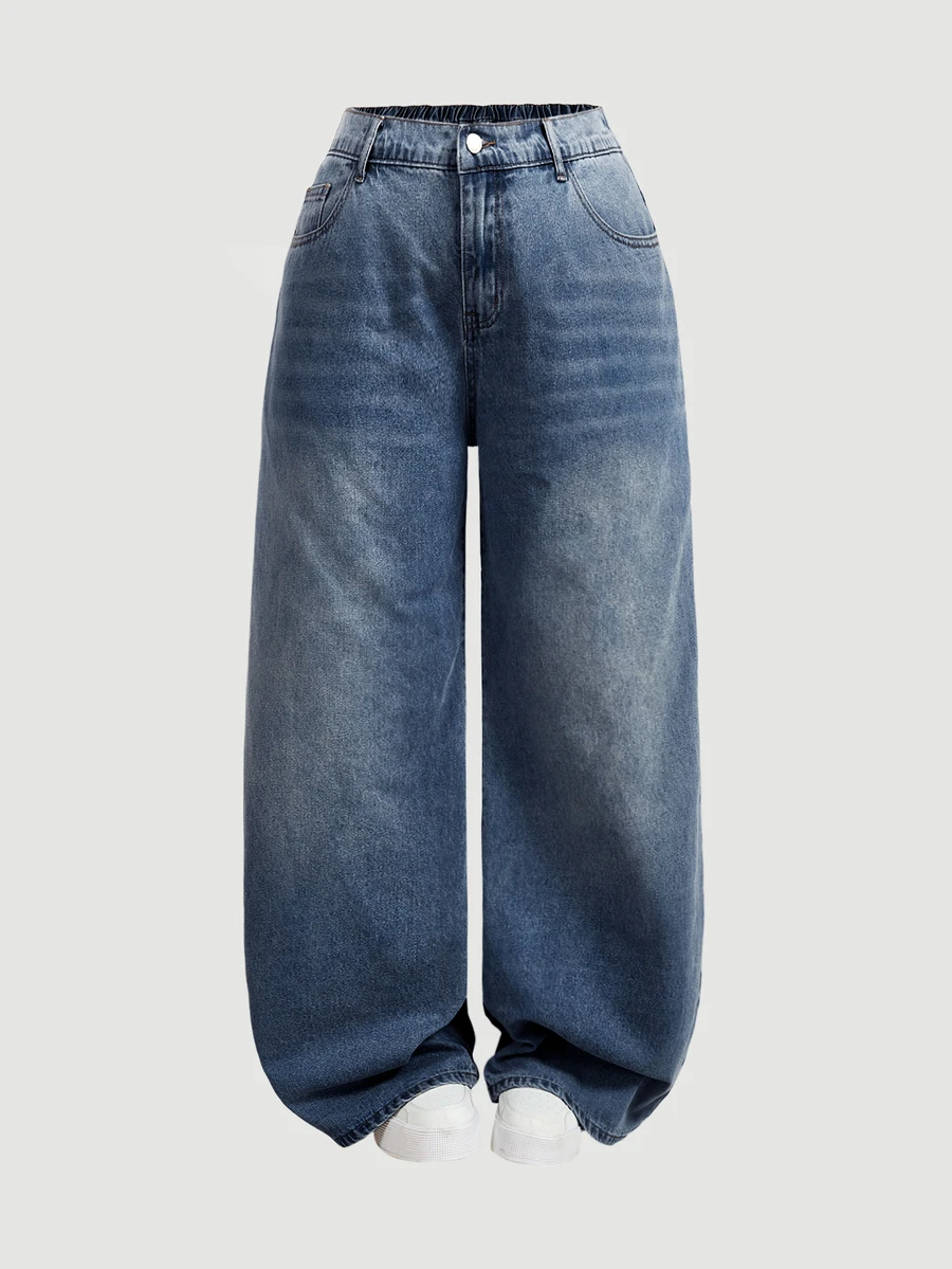 SHEIN MOD Plus Size Casual Washed Wide Leg Jeans - Dark Wash - View 1