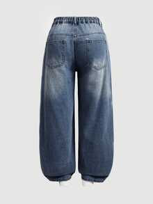 SHEIN MOD Plus Size Casual Washed Wide Leg Jeans - Dark Wash - View 2