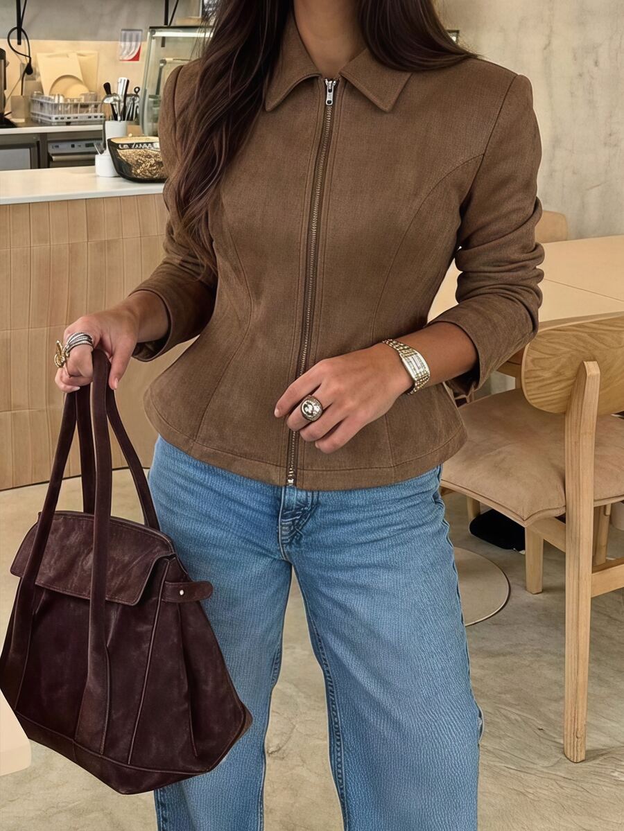 Siren Gaze Women's Solid Color Zipper Casual Elegant Versatile Daily Travel Long Sleeve Jacket Office Everyday Business Shades Of Brown Autumn - Khaki - View 1