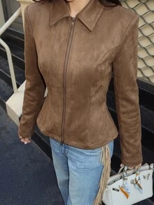 Siren Gaze Women's Solid Color Zipper Casual Elegant Versatile Daily Travel Long Sleeve Jacket Office Everyday Business Shades Of Brown Autumn - Khaki - View 2