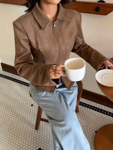 Siren Gaze Women's Solid Color Zipper Casual Elegant Versatile Daily Travel Long Sleeve Jacket Office Everyday Business Shades Of Brown Autumn - Khaki - View 6