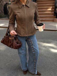 Siren Gaze Women's Solid Color Zipper Casual Elegant Versatile Daily Travel Long Sleeve Jacket Office Everyday Business Shades Of Brown Autumn - Khaki - View 3