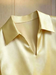 SHEIN 女士优雅纯色缎面V领衬衫 - 淡黃色 - 查看 5