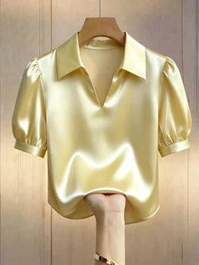 SHEIN 女士优雅纯色缎面V领衬衫 - 淡黃色 - 查看 4