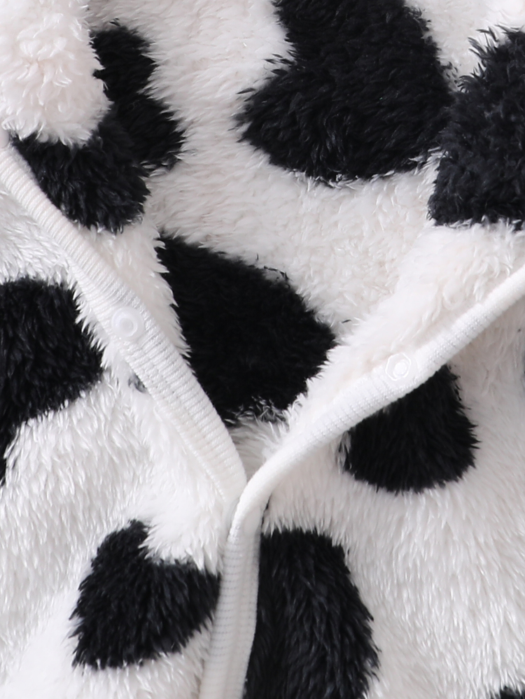 Newborn Soft Plush Black & White Cow Print Cute Cow Design Long Sleeve Footed Jumpsuit With Front Buttons - Black and White - View 6