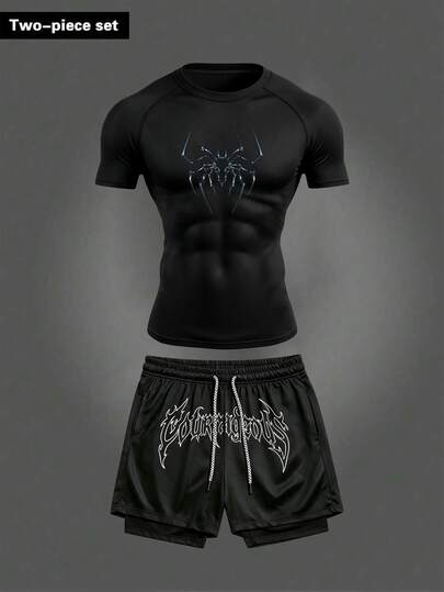RISE LYT Men's Spider Print Raglan Short Sleeve T-Shirt And Shorts Sports Set, Gym