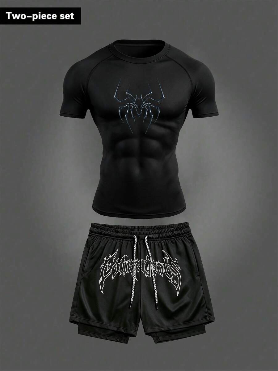 RISE LYT Men's Spider Print Raglan Short Sleeve T-Shirt And Shorts Sports Set, Gym - Black - View 1