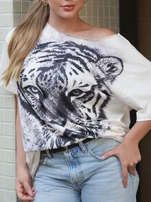 Bela Noronha Women's Casual Fashion Vacation Style Tiger Print Off-Shoulder Loose T-Shirt, Spring/Summer - White - View 5