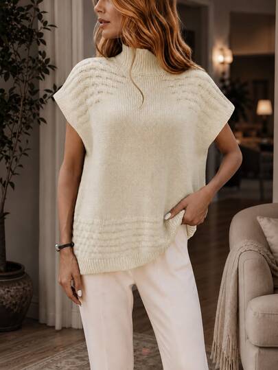 Holdful Holdful Fashionable Semi-High Neck Apricot Textured Bubble Knit, Shoulder-Covering Sleeveless Soft & Gentle Style, Minimalist Versatile Solid Color Women's Knitted Layering Sweater Vest, Spring/Autumn
