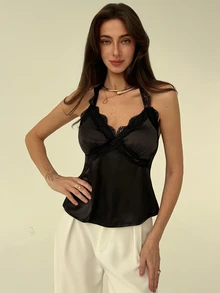 Aloruh 夏季女士时尚撞色蕾丝吊带露背吊带背心 - 黑色 - 查看 4