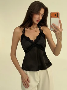 Aloruh 夏季女士时尚撞色蕾丝吊带露背吊带背心 - 黑色 - 查看 5