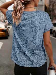EMERY ROSE Plus Size Women Faux Floral Print Round Neck Top, Comfortable Casual Elegant Short Sleeve T-Shirt, Suitable For Daily Wear High Tea Formal Royal Blue - Navy Blue - View 2
