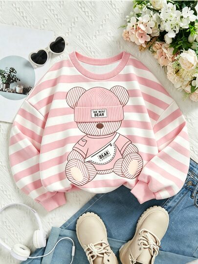 Sweatshirt Leher Bulat untuk Anak Perempuan, Atasan Motif Beruang Kartun Garis-garis Merah Muda dan Putih Terbaru Musim Gugur/Dingin, Potongan Longgar, Pullover Lengan Panjang Kasual Gaya Korea Serbaguna, Kartun Lucu
