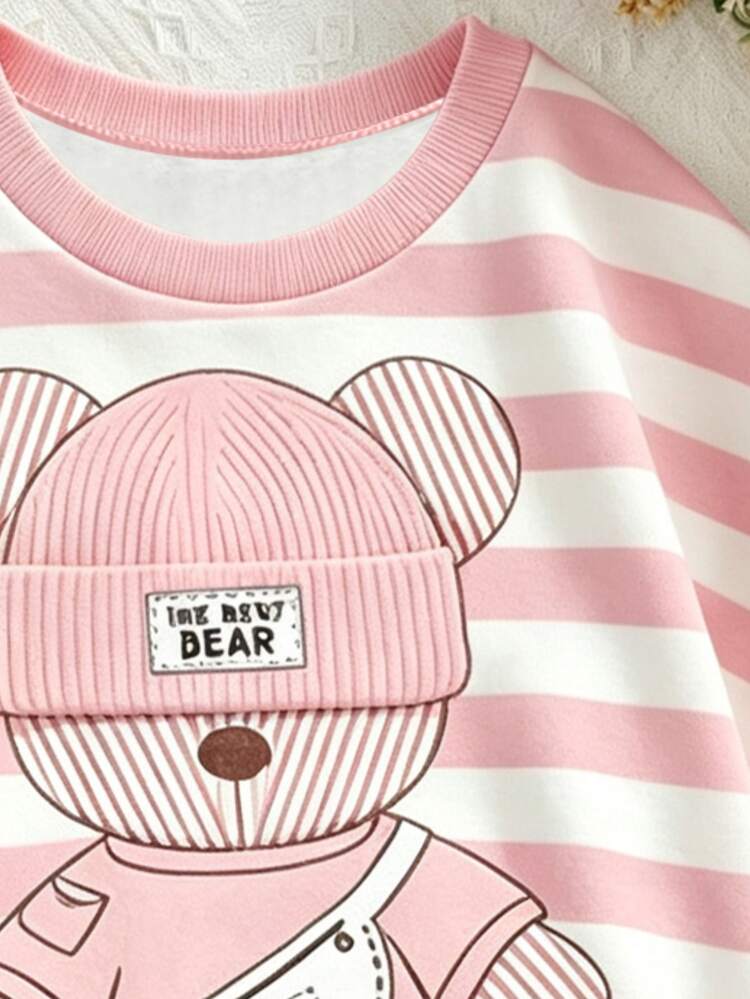 Girls' Round Neck Sweatshirt, Autumn/Winter New Pink And White Striped Cartoon Bear Print Top, Loose Fit, Versatile Korean Style Casual Long Sleeve Pullover, Cute Cartoon - Multicolor - View 5